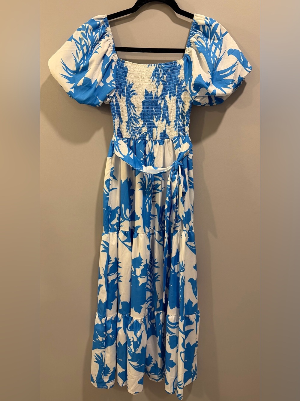 Sunday Up White and Blue Floral Puff Sleeve Tiered Tie Waist Midi / Maxi Dress S